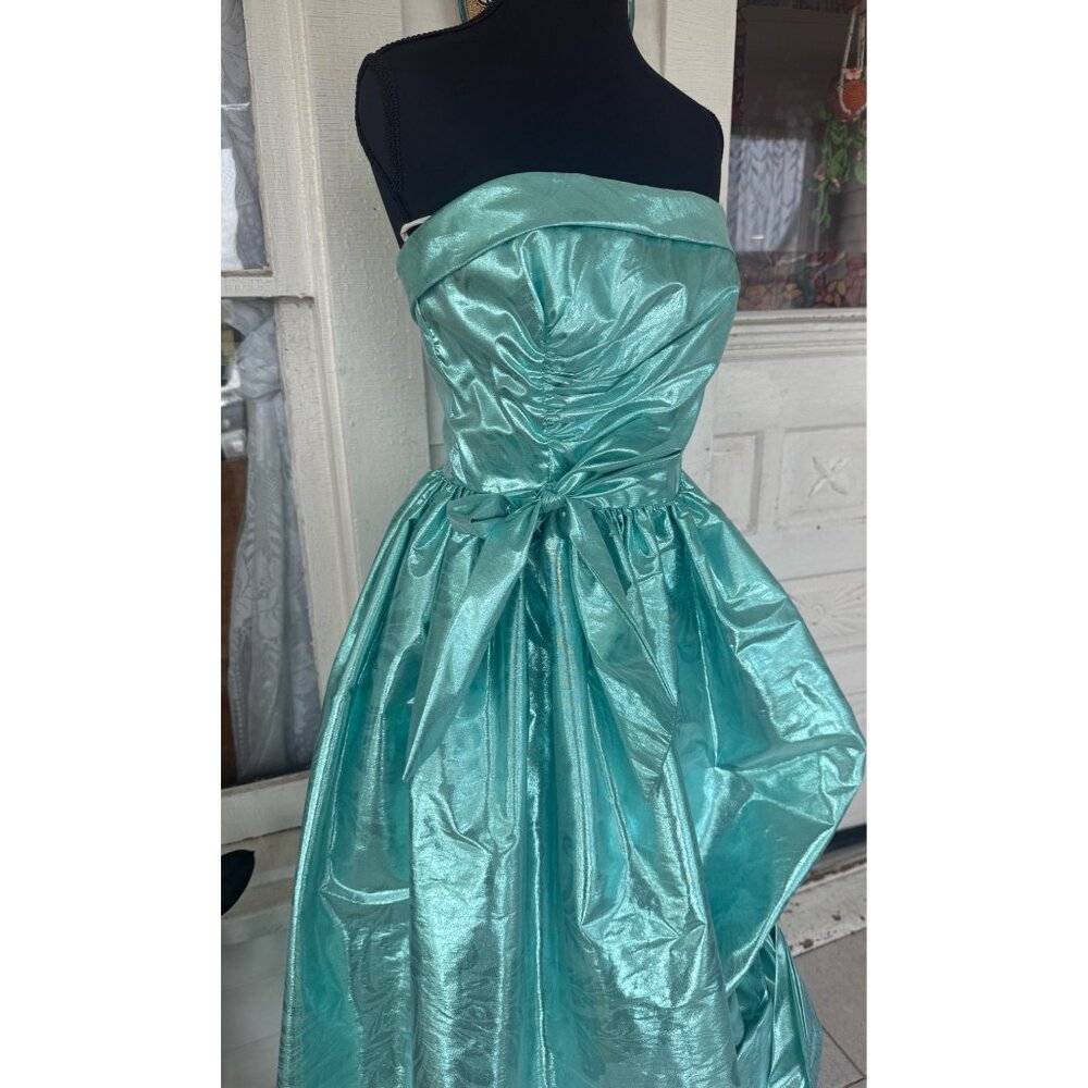 Vintage 80's Aqua Green Lame' Ball /Prom Gown Bustled Bow TD4 Eletra size 11/12 - Picture 7 of 16